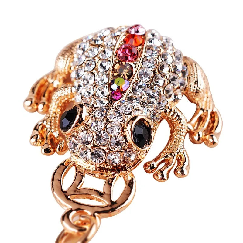 Trendy Women Gold Plated Diamond Toad Car Keychain Colorful Rhinestone Frog Key Chain for Gift