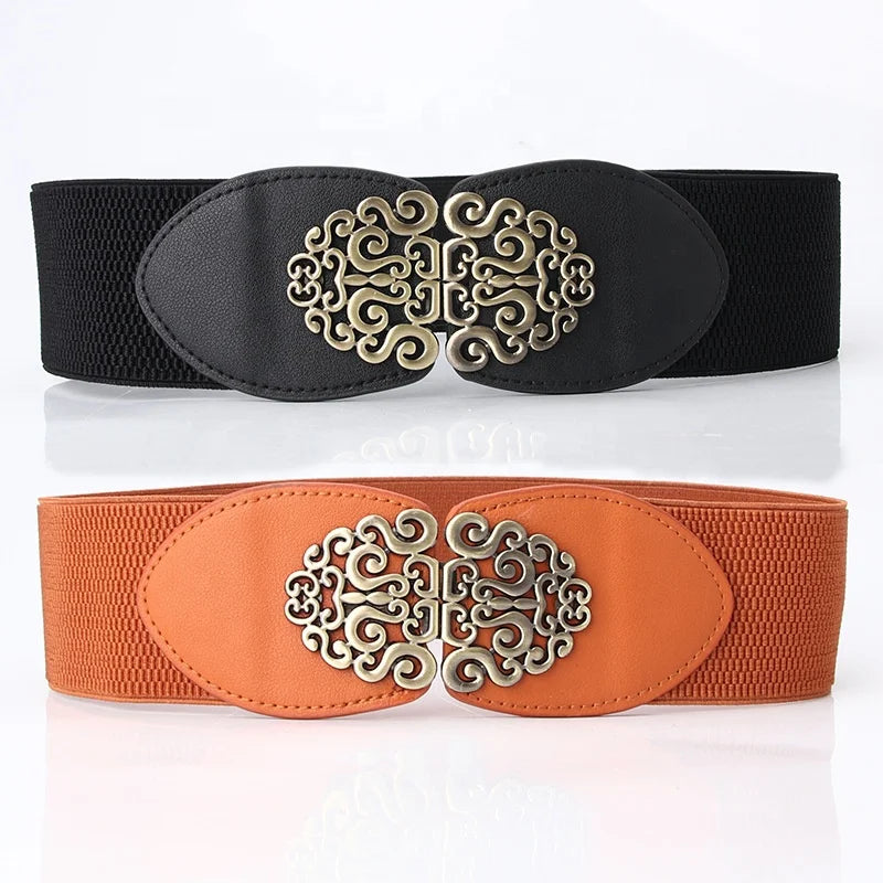 JULUN Belt Manufacturer Vintage Elastic Women Belts Ornate Antique Gold Buckle Wide Waist Cinch Belts for Women for Dresses