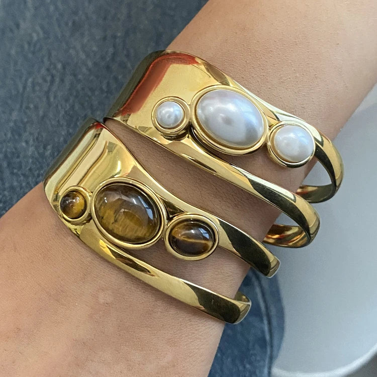 MC272 Wholesale Stainless Steel Jewelry Exaggerated Chunky Bracelet 18k Gold Plated Hollow Pearl Waterproof Bangle for Woman