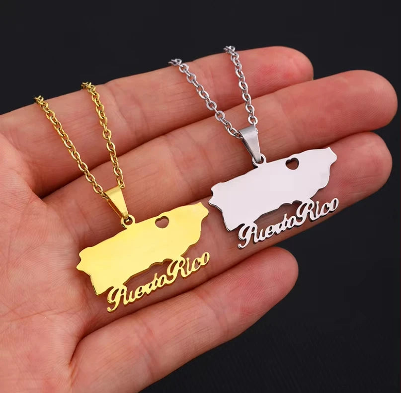 Highly Polished 18K Gold Plated Stainless Steel Puerto Rican Map Pendant Necklace for Men Women