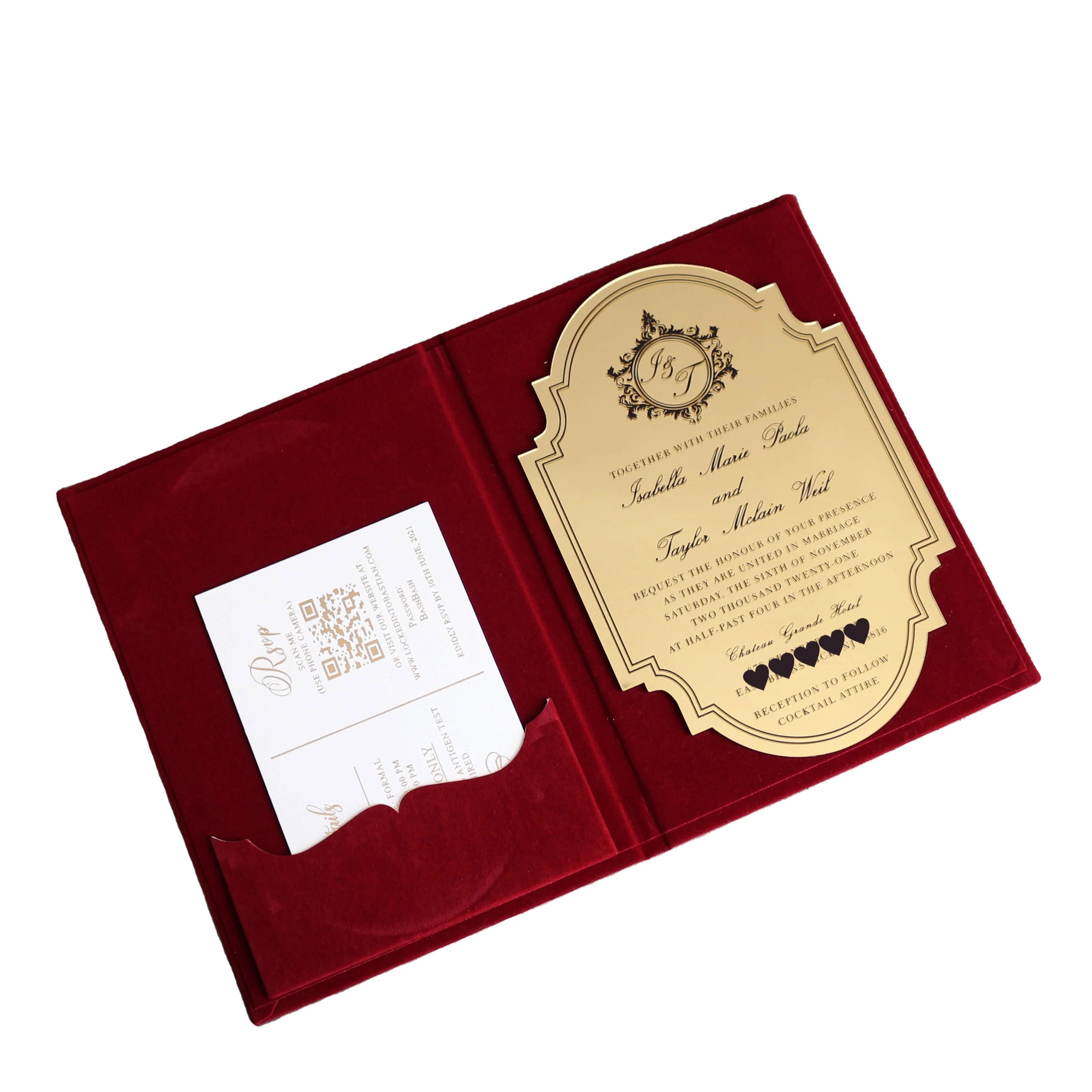 Custom Wedding Cards Burgundy Velvet Hardcover Gold Acrylic Wedding Invitations