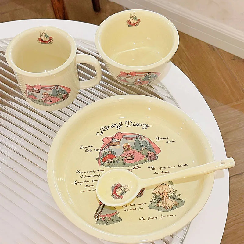 Original Cream Color Cute Ceramic Cutlery Niche Design Dessert Plate Cartoon Print Fat Mug