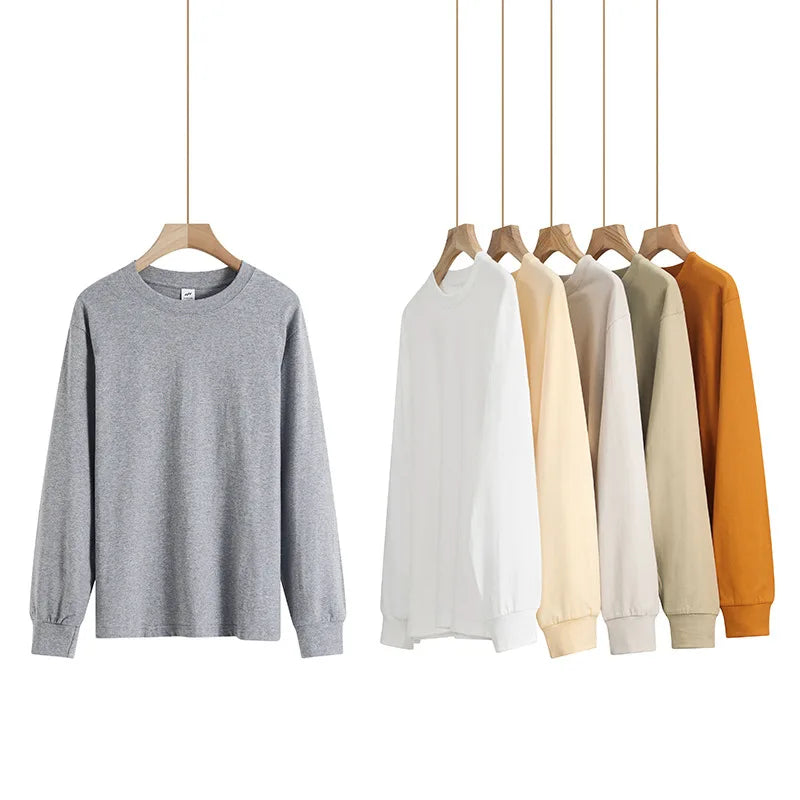 SHINBENE Unisex 230gsm Pure Cotton Solid Color Hem Slit Threaded Cuffs Couple Leisure Sport Long Sleeved T-shirt
