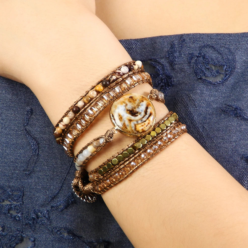 Fashion Vintage Bohemian Natural Stone Women Wrap Bracelet Round Agate Charm Bracelet