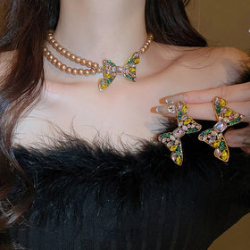 Exaggerated Rhinestone Crystal Butterfly Bow Earring Pearl Chain Choker Necklace Set Women Fashion Party Butterfly Necklace