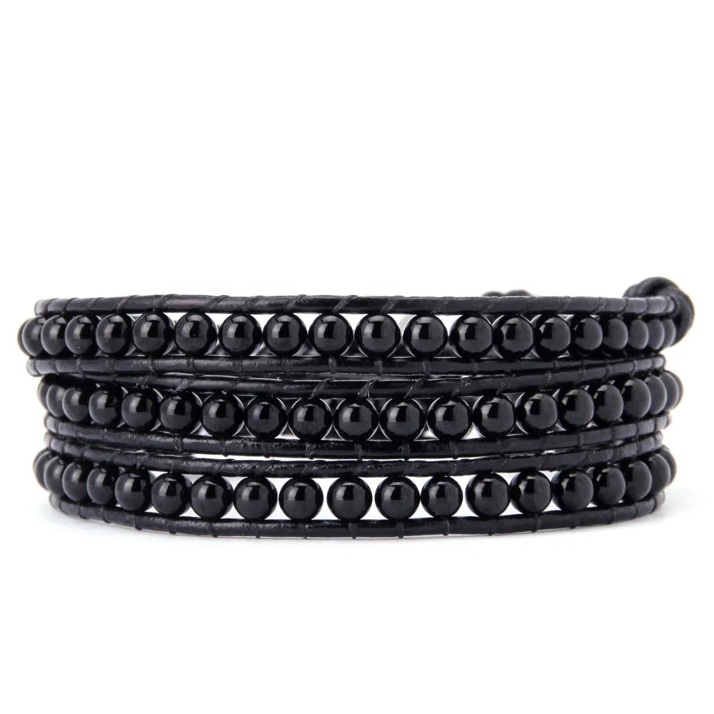 Men's Vintage Leather Cuff Bracelets Layered Boho Jewelry with 4mm Black Agate Gemstone Fashion Accessory Wholesale