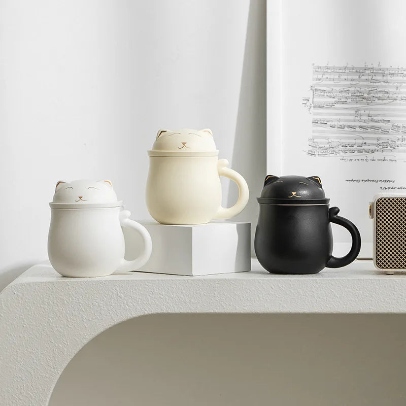 XHL SUB Creative Cat Ceramic Tea Cup Tea Separation Cup Lucky Cat Mug Office Cup with Lid Filter