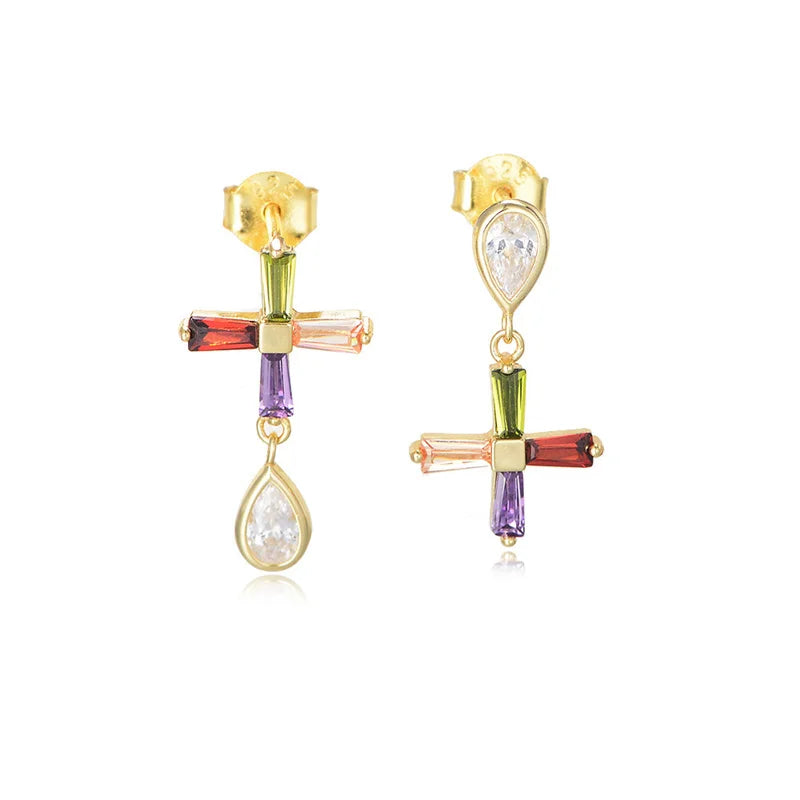 Wish Jewelry S925 Sterling Silver Rainbow Cubic Zirconia Real Gold Plated Colorful CZ Diamond Cross Water Drop Earring