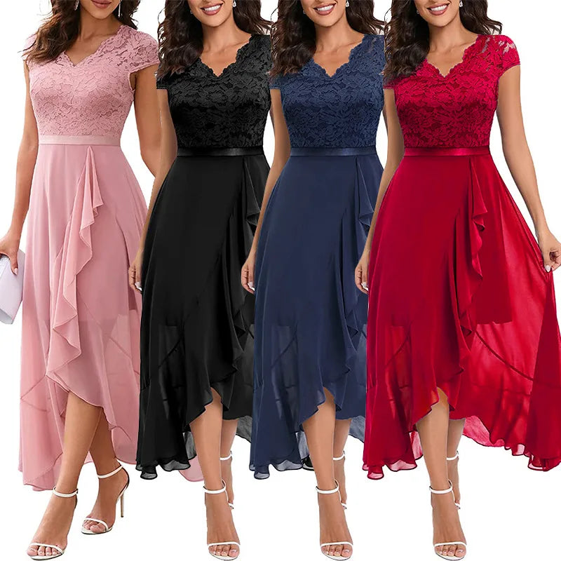 Evening Dress Women New Autumn Temperament Lace Deep V-neck Wedding  Banquet Host Fairy Celebrity Slim Dress