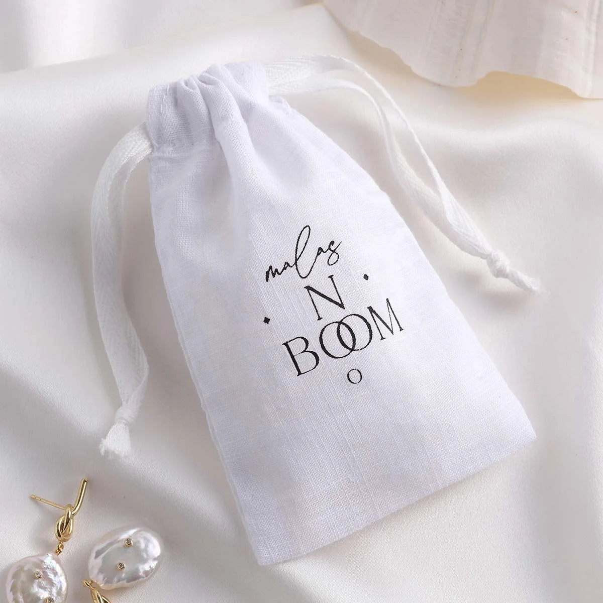 PandaSew 13x8cm Custom Logo Printed 100% Organic Gift Packaging Bag Drawstring Natural Cotton Muslin Jewelry Pouch