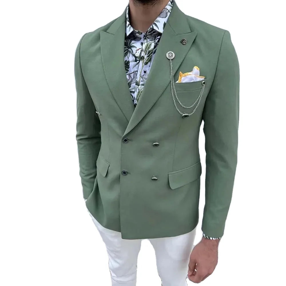 Green Men Suits Double Breasted Peaked Lapel Regular Length Elegant Wedding Groomsmen 2 Piece Jacket Pants Sets Custom Blazer