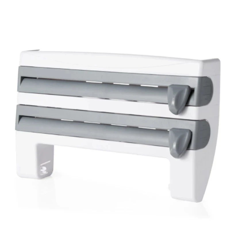 Multifunctional Kitchen Plastic Belt Packaging Storage Shelf with Three Roller Paper Extractor Wall-mounted Film Cutter