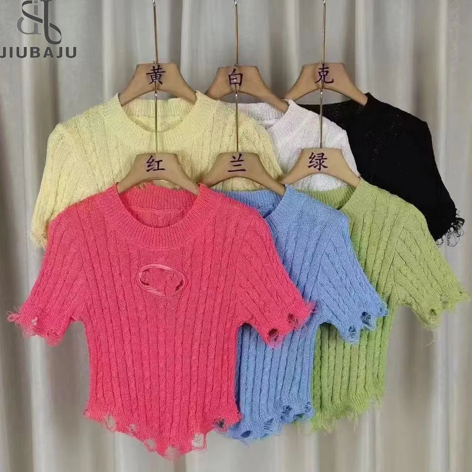One Size Women Short Sleeve Hollow Out Design Women O-neck Irregular Tassel Fringe Sweet Girl Knitted Tops