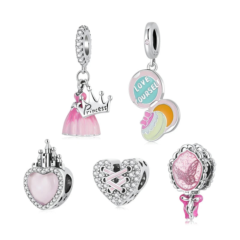 Fashion 925 Sterling Silver Pink Dress Princess Love Castle Charm Bead Pendant Fit Original Bracelet Necklace for Women Jewelry