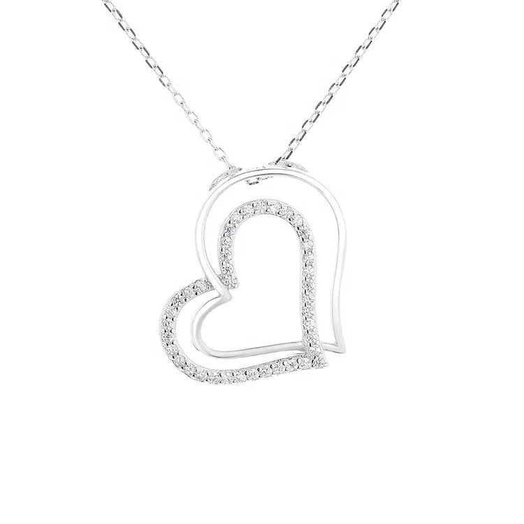 Real Silver 925 Simple Love Pendant Necklace with Double Heart Jewelry for Women