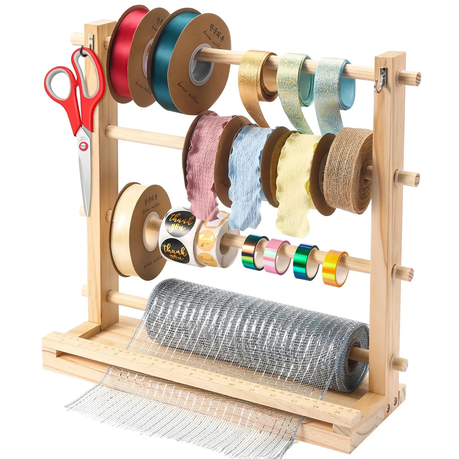 Natural Bamboo Wood Ribbon Storage Organizer Rack Super Easy to Assemble Premium Real Wood & Craftmanship a Perfect Gift Home