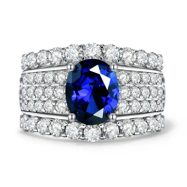 925 Silver Engagement Ring with Oval Cut Ruby Blue Sapphire Wide Band Wedding and Party Classic Style Rhodium Plated