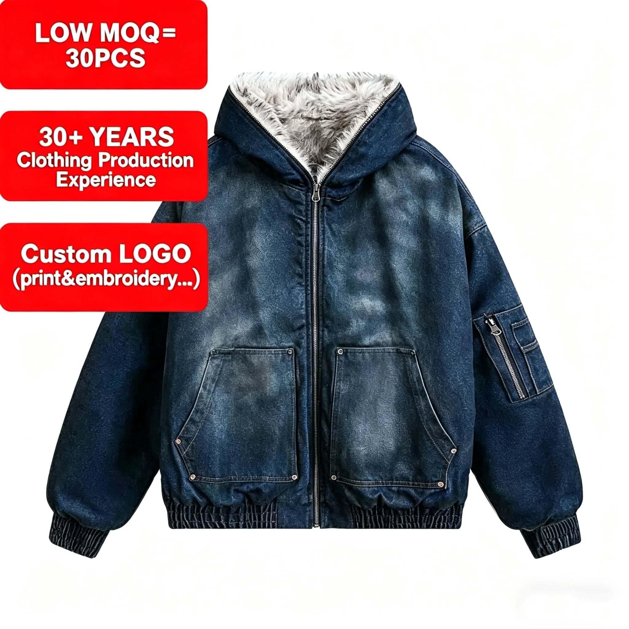 Men's Vintage Fleece Lined Denim Bomber Jacket Hooded Warm Sherpa Lined Distressed Jean Coat Streetwear for Winter