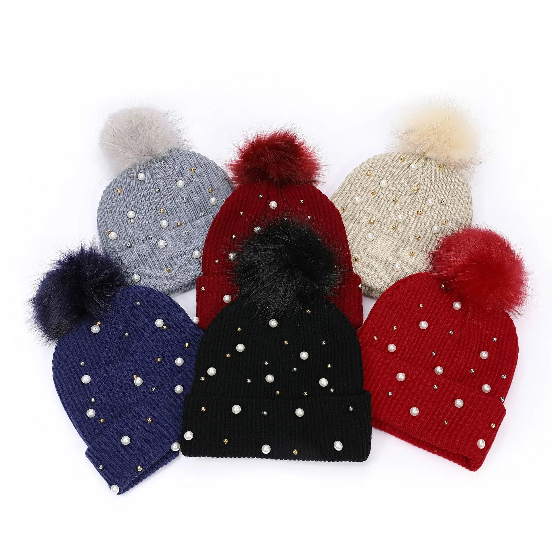 Slouchy Knit Winter Chunky Plush Wholesale Fashion Custom Acrylic Pom Pearl Knitted Beanies Girls Hat for Women With Pom
