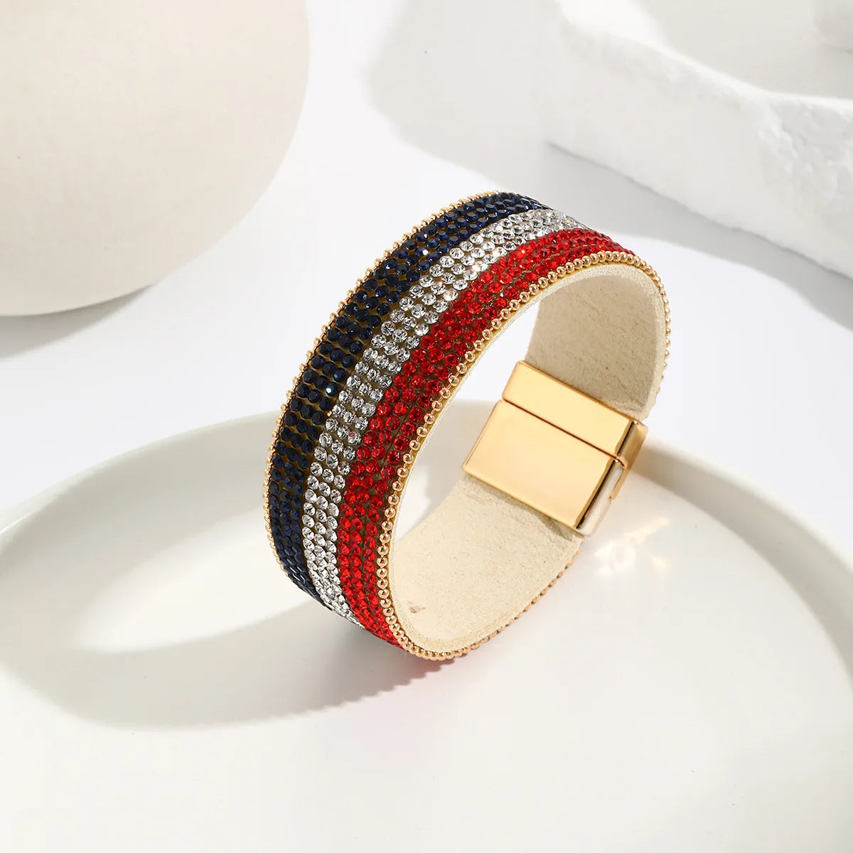 American Flag Red White Blue Leather Bracelet Color Zircon Magnetic Buckle Leather Bracelet Gifts for Women