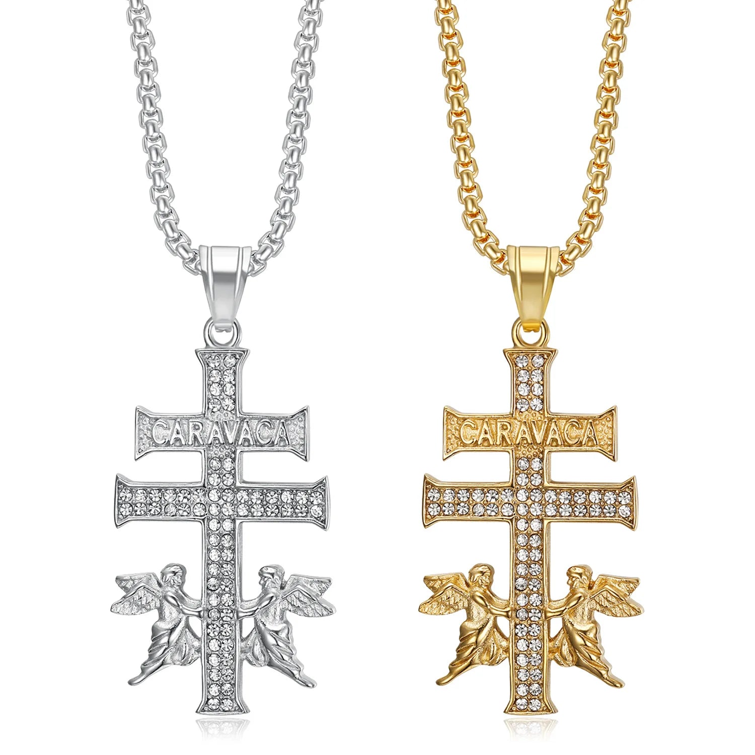 Hip Hop Fashion Cubic Zirconia Jewelry Stainless Steel Cross Angel Pendant Necklace Square Pearl Chain