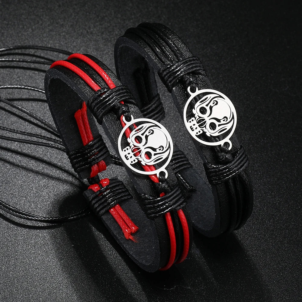 2023 New Design Fashion Stainless Steel Engrave Skull Woven Charm Leather Bracelet  Men Jewelry