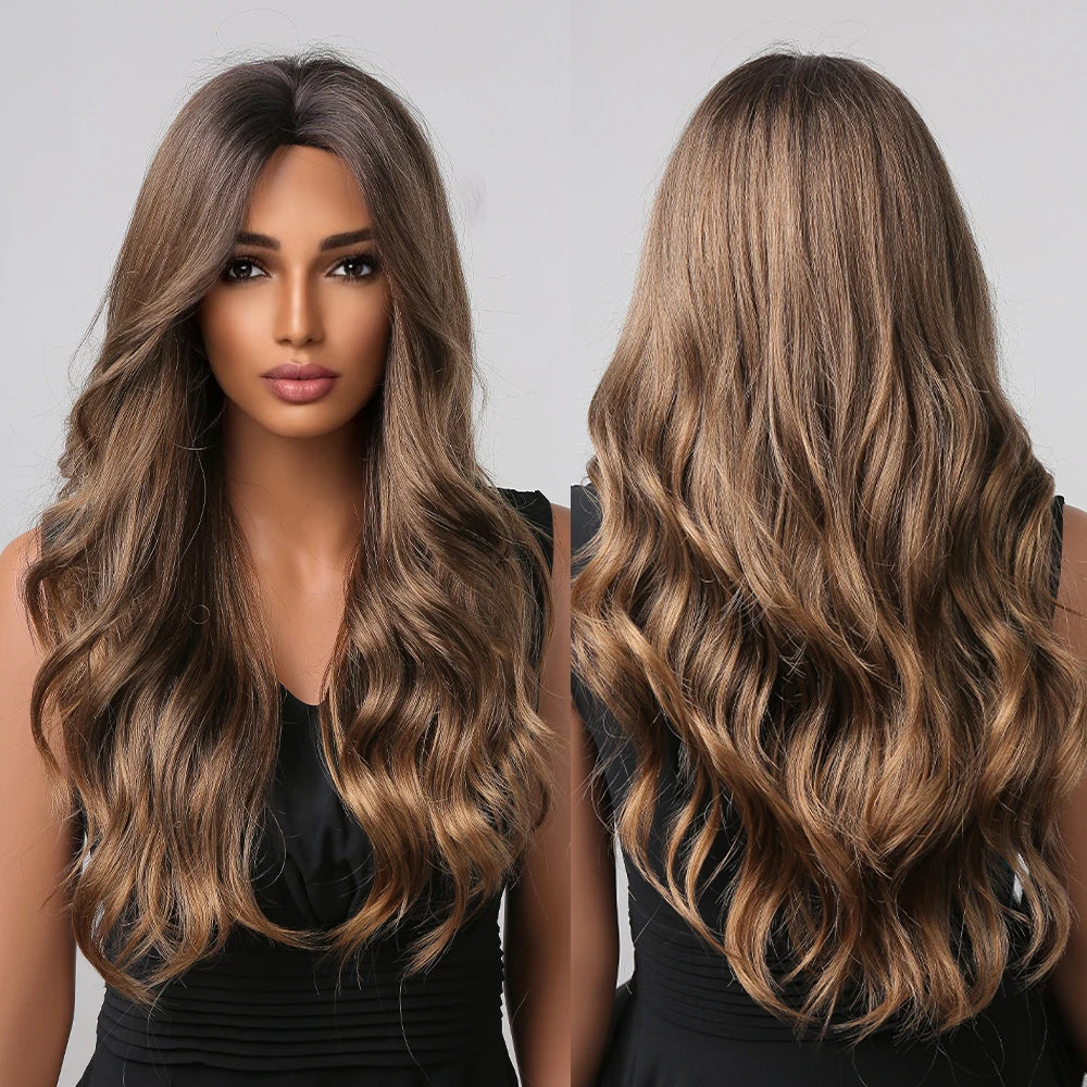 Chestnut Brown Long Water Wave Wig Female Synthetic Hair Wigs for Black Women Medium Brown Cosplay Wigs Costumes