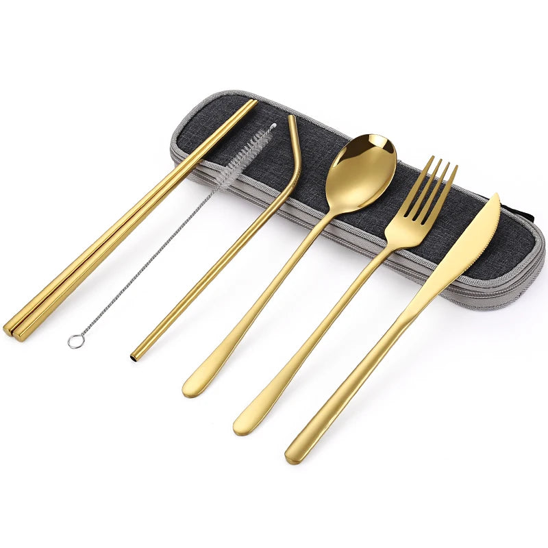 Camping Travel Portable Stainless Steel Flatware Set Cutlery Set With Straw
