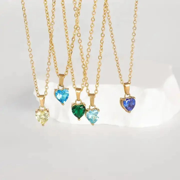 18K Gold Plated Minimalist Jewelry Stainless Steel Pendant Birthstone Month Diamond CZ Zircon Heart Charm Link Necklace Parties