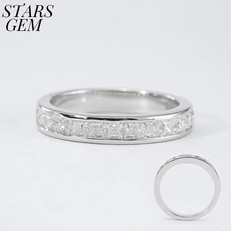 2mm Round Shape Full Band Channel Set Silver Plated White Gold Wedding Ring Princess Cut Channel Set Moissanite Wedding Band