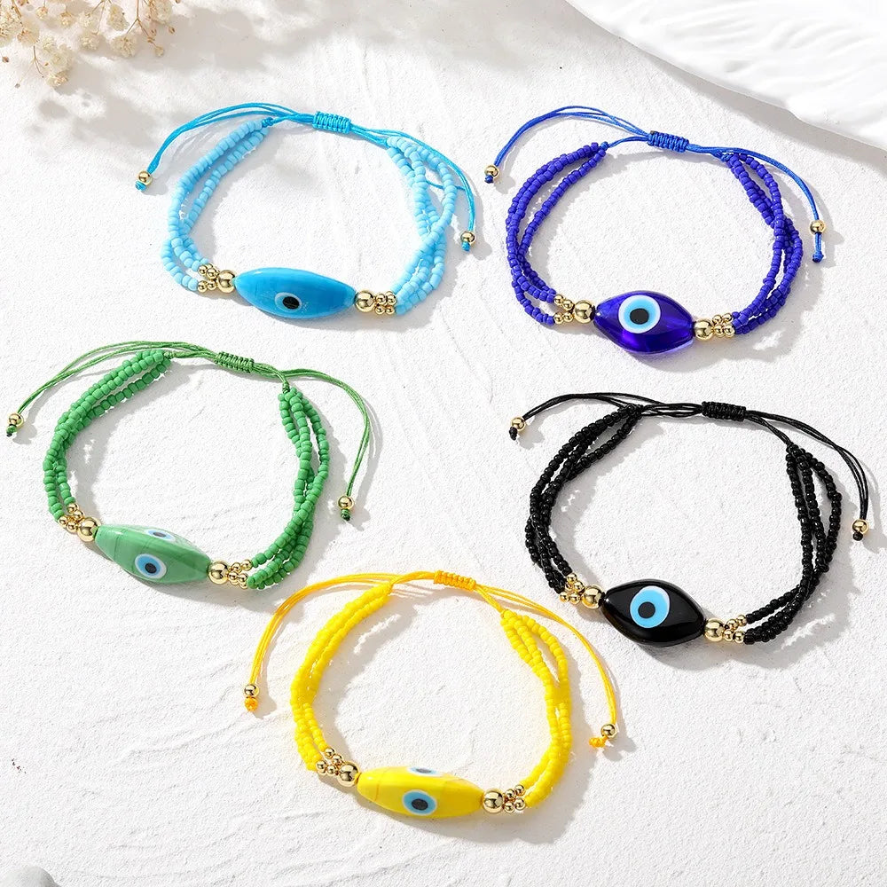 Handmade Woven Adjustable Bohemian Black Green Yellow Blue Multi Layer Small Thin Seed Beads Evil Eye Bracelet for Women Men