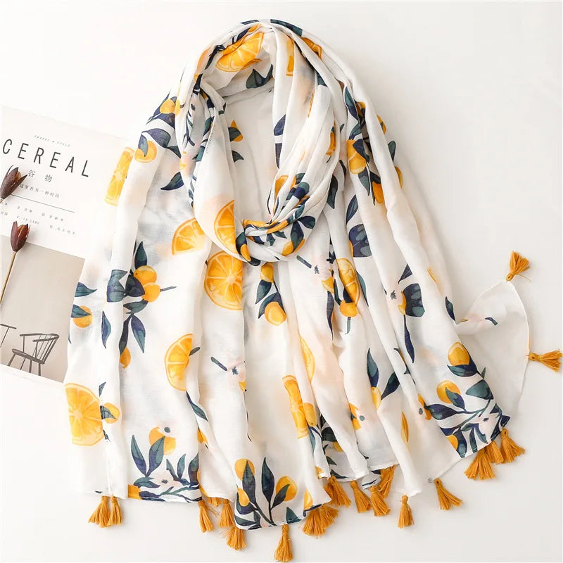 New Arrival Plain White Fruit Printing Soft Viscose Cotton Shawls Summer Orange Lemon Pattern Cotton Beach Towels Scarf Women