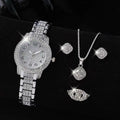 Women's Fashion Diamond Steel Watch Necklace Earrings Bracelet Ring Set Quartz Watch