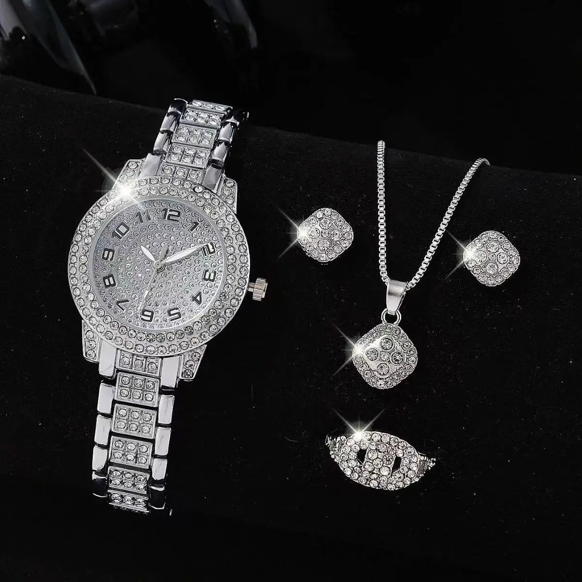 Women's Fashion Diamond Steel Watch Necklace Earrings Bracelet Ring Set Quartz Watch