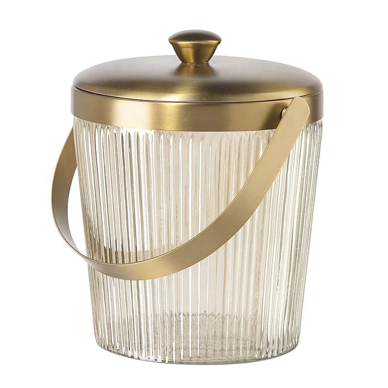 2021 Top Seller Gold New Design Ribbed Glass Ice Bucket with Handle Lid