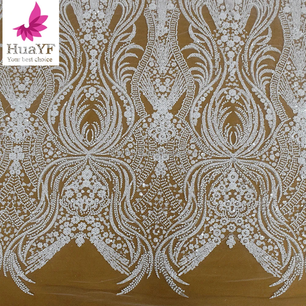 HY2677 Nigerian Mesh Lace Fabric High Quality Beads Sequin Bubble Beads Tulle Lace Fabric for Sewing White Wedding Dress