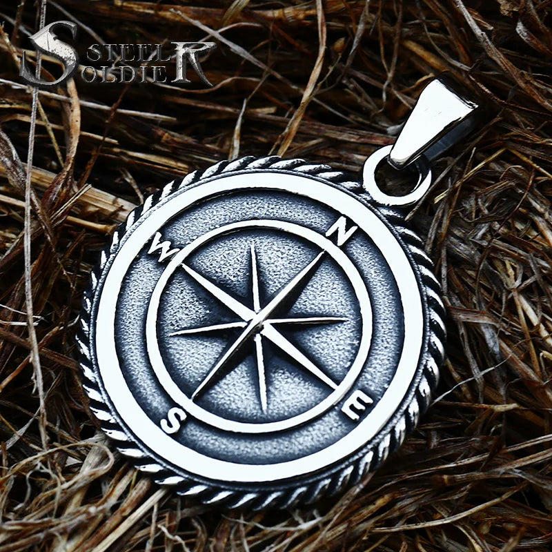 SS8-701P Viking Ordin Trendy Round Compass Pendant Men Necklace Personality Jewelry Wholesale