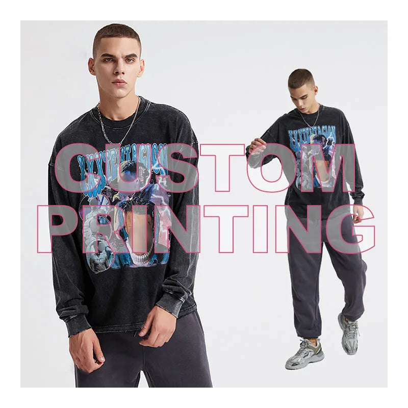 Custom  Private Logo Vintage t Shirts for Men Round Neck Men's Cotton Long T Shirts Digital Print