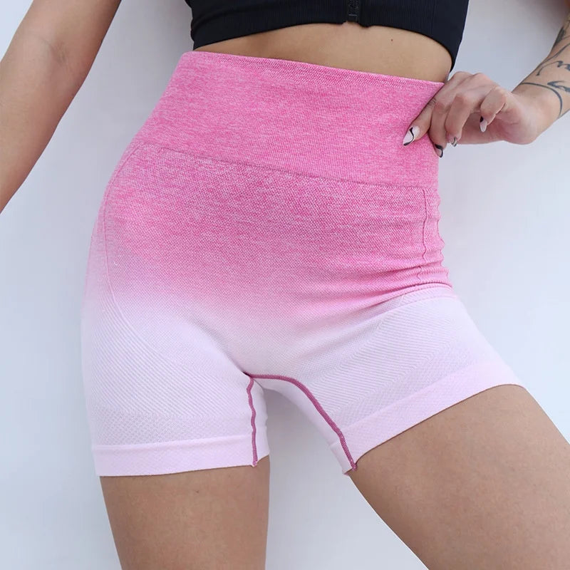 High Waist Elastic Waistband Sportswear Fitness Gym Women Seamless Yoga Shorts Gradient Color Design Butt Lifting Spandex Shorts