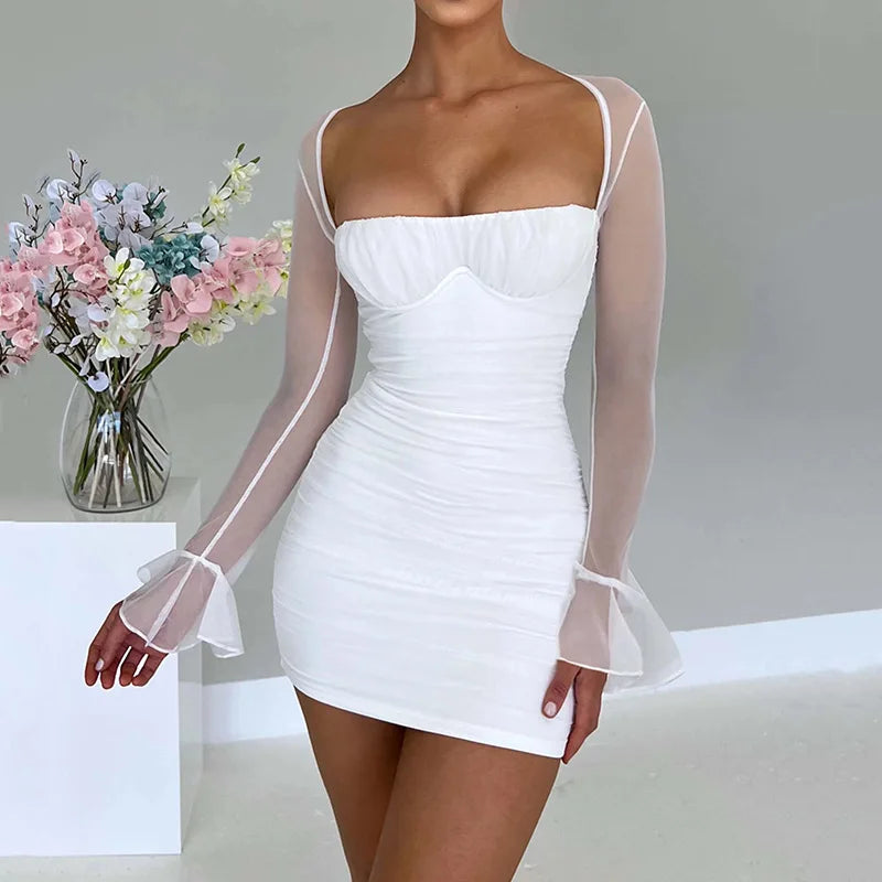 See Through Mesh Party Bodycon Dress Sexy Halter Lace-up Ruched Backless Mini Dress Women