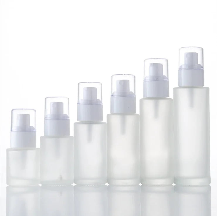 Custom Cosmetic Packaging 1oz 2oz  100ml Flat Shoulder White Glass Pump Spray Lotion Serum Bottle