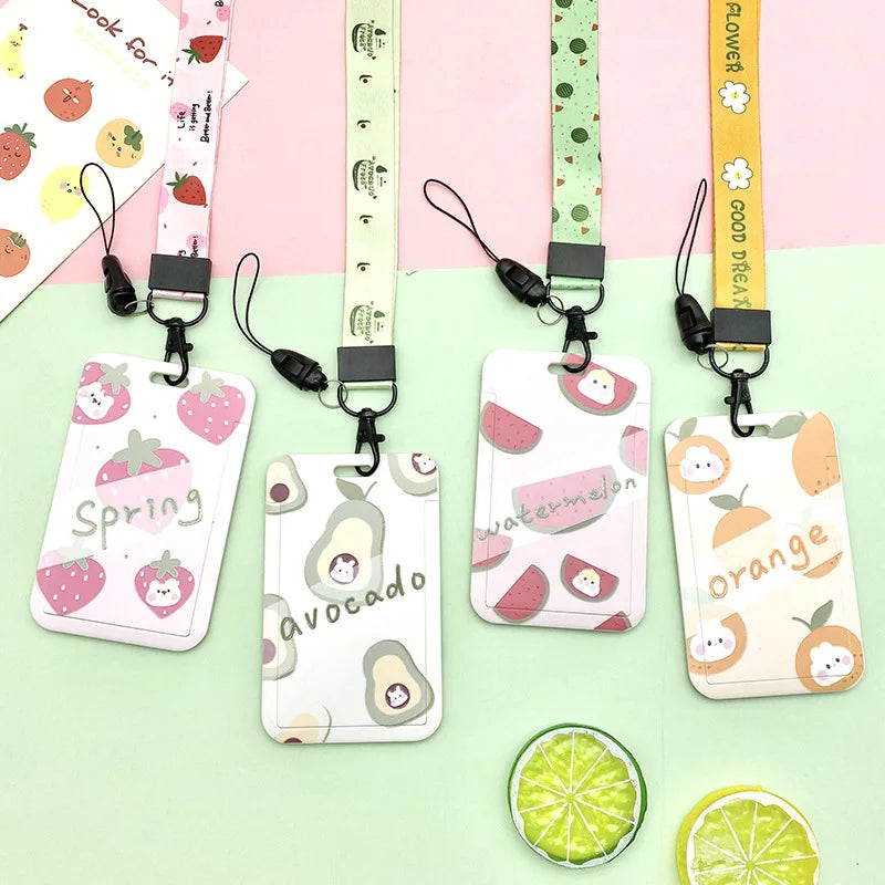 Wholesale Custom Eco-Friendly Durable Plastic Campus ID Card Holder with Polyester Lanyard Fruits Design Protective Cover