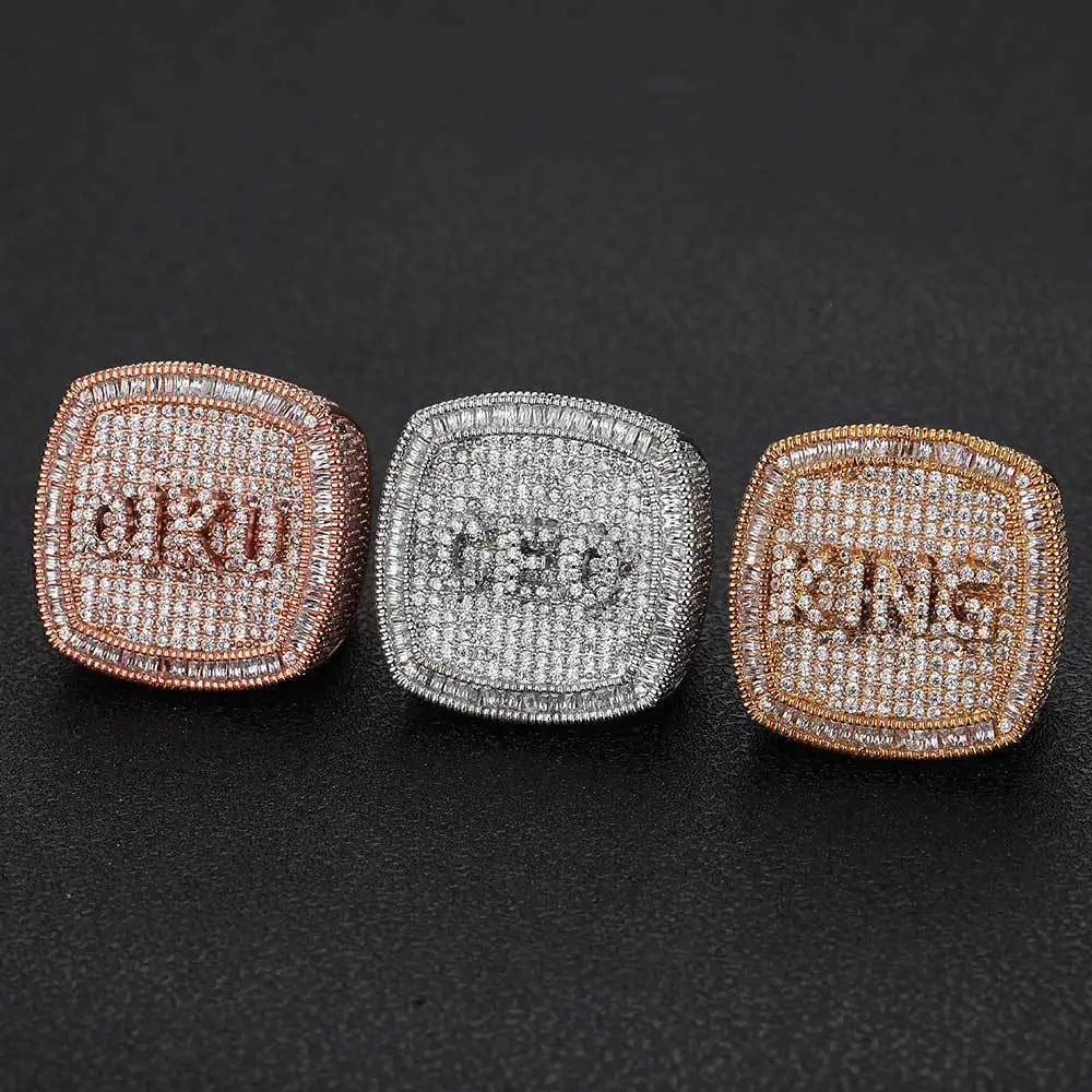 Wholesale Bling Gold-plated Fashion Sparkle Jewelry Hardware Copper Zircon Handmade Coin Letter Stainless Steel Signet Rings