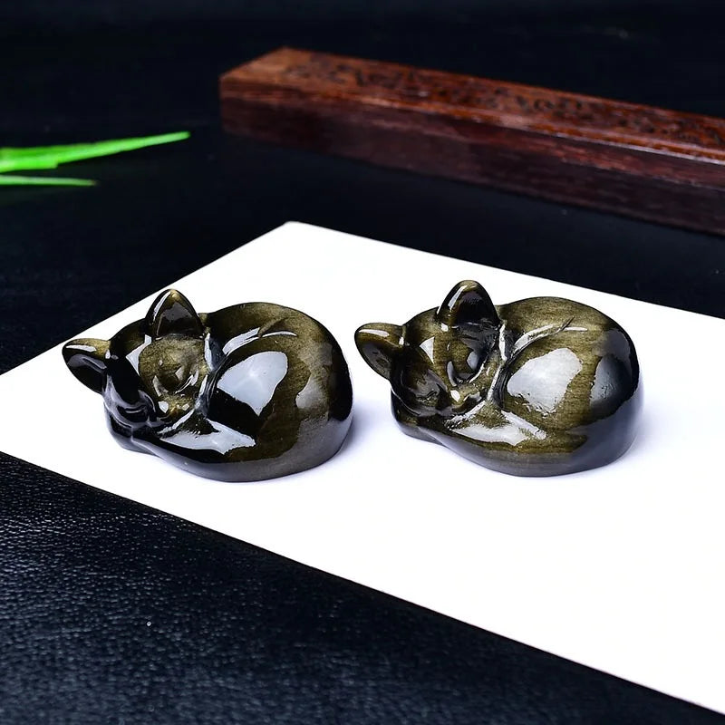 Natural Obsidian Sleeping Cat Ornament Little Stone Carved Cat Figurine for Home Living Room Decoration Festival Gift