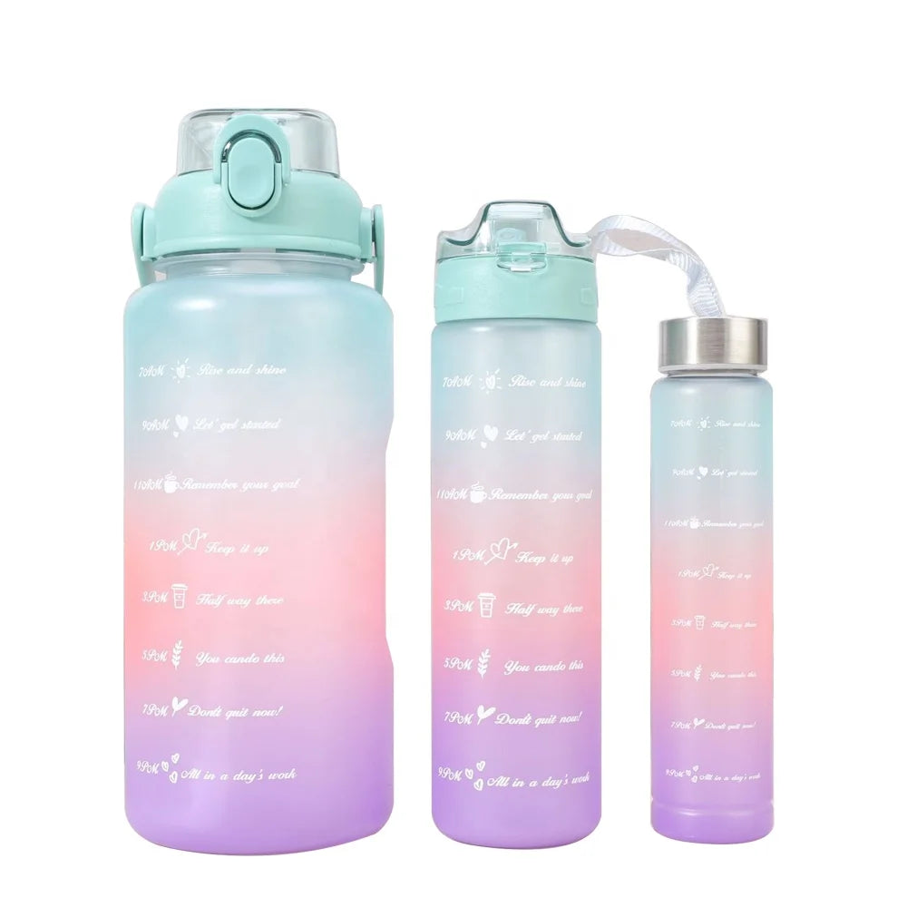 Beauchy 64oz Gym Sport 2 Liter and 900ml Bottle Set Half Gallon Jug with Straw and Motivational 3 in 1 PC Water Bottle