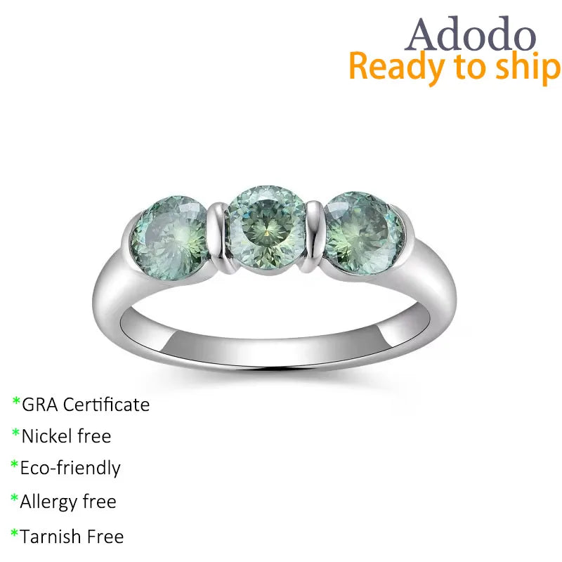 Simple 5MM Blue Green Three Stone Moissanite Rings Fine Jewelry S925 Sterling Silver Round Cut 0.5CT VVS GRA Moissanite Rings