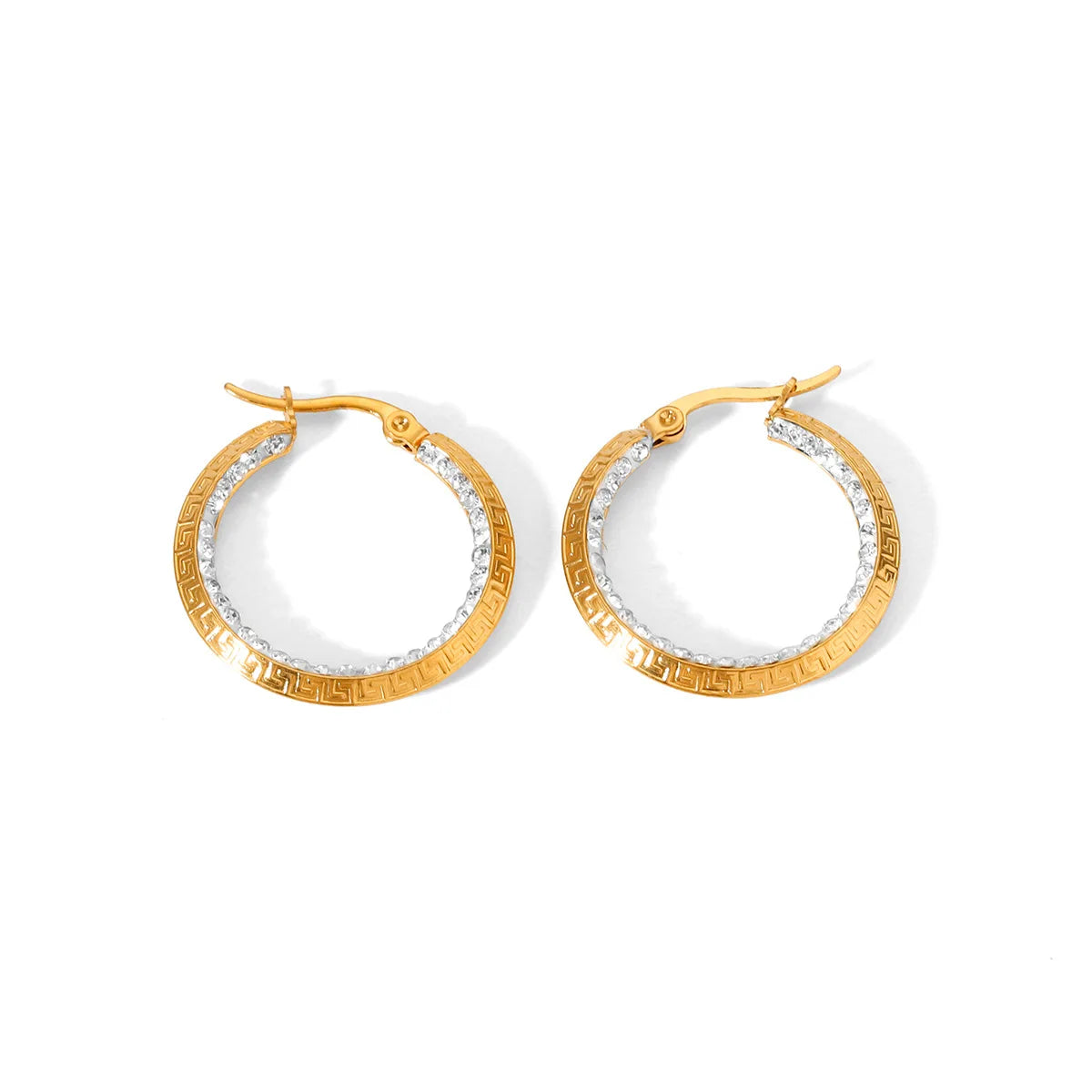 Fashionable Titanium Steel 18K Gold Plated Geometric Round Circle Texture Diamond Hoop Earrings for Girls