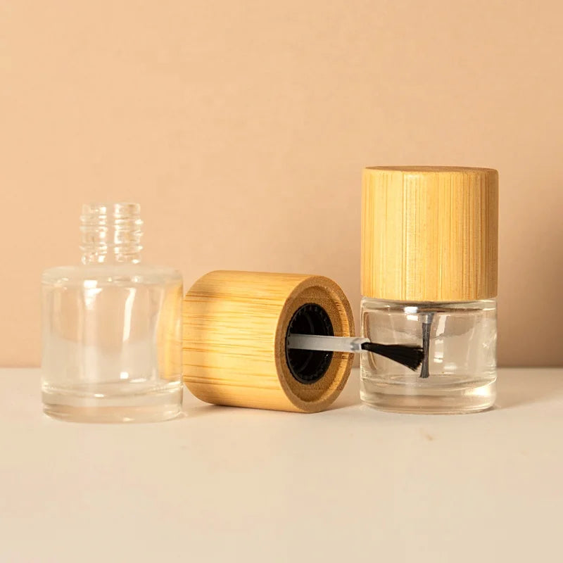 Custom Eco-Friendly Clear Glass Nail Oil Polish Bottle Bamboo Wood Lid Screw Cap 5/10/15ml Capacities Hot Stamping Cosmetic Use