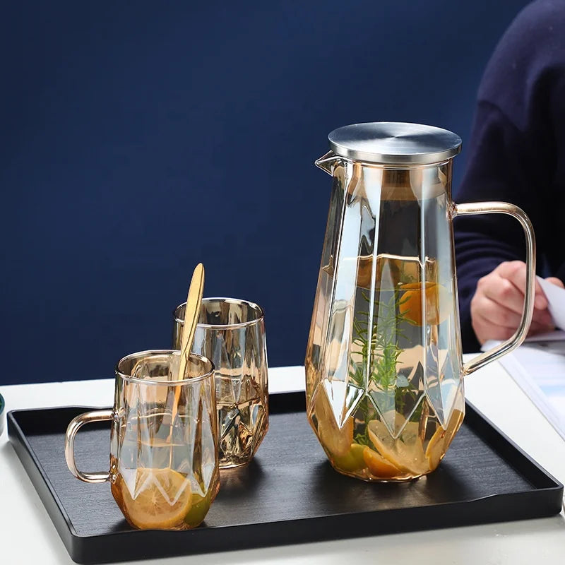 Home Kitchen Modern Clear Heat Resistant Borosilicate 1400ml Glass Handle Water Pitcher Set with Lid and Cup
