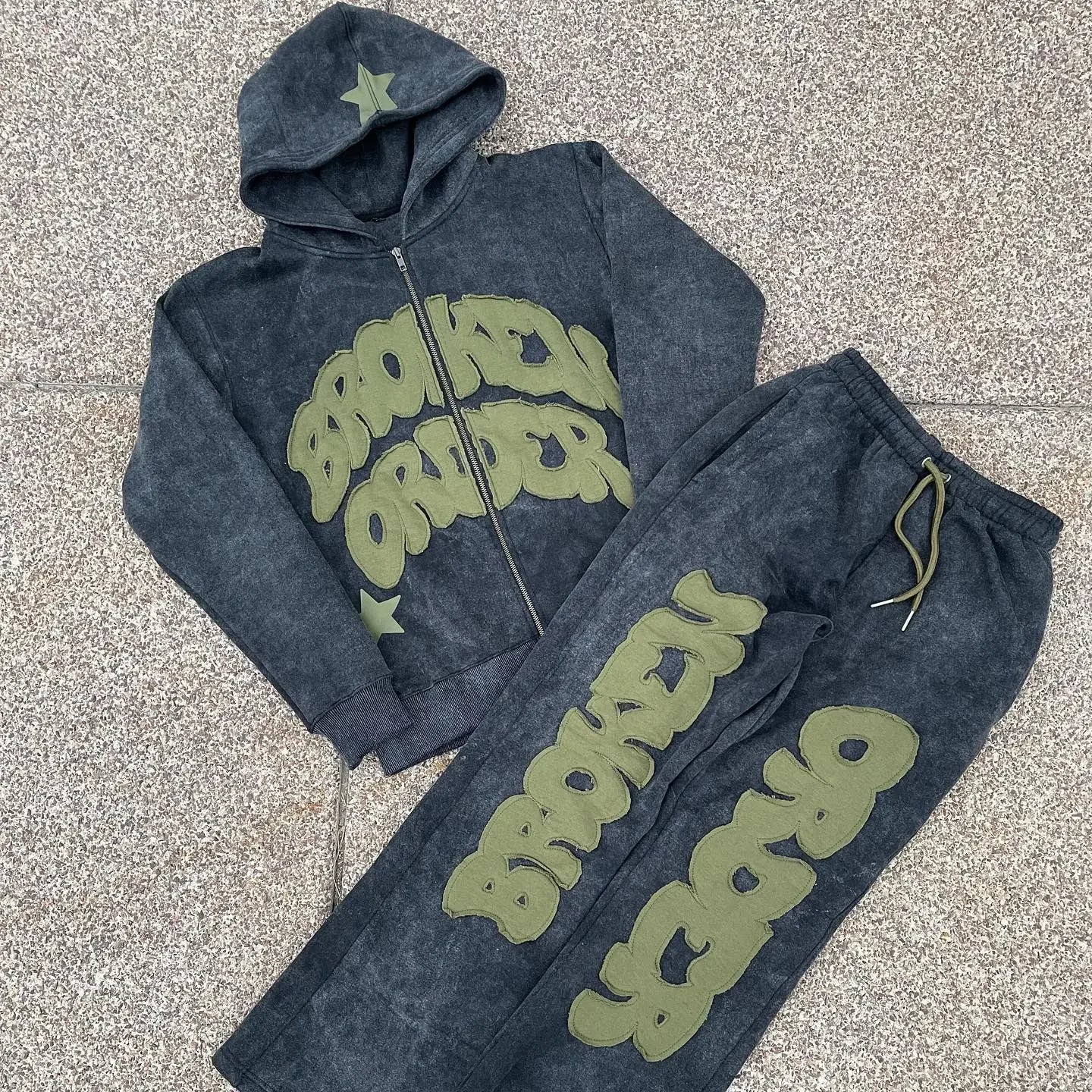 Custom Logo 500 Gsm Heavyweight Thick Fabric Cut and Sew Zipper Vintage Embroidery Patch Acid Wash Zip up Hoodie Sets